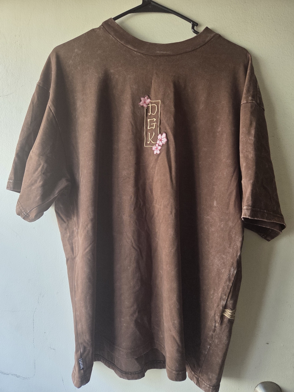DGK Brown Short-Sleeve Crewneck with Pink Floral Embroidery Medium